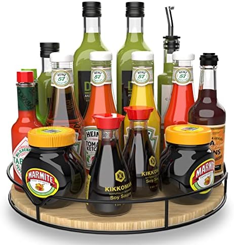  Lazy Susan Turntable Organizer For Cabinet Pantry Kitchen Countertop Refrigerator Cupboard, Pine Wood, 9", Carbonized Black