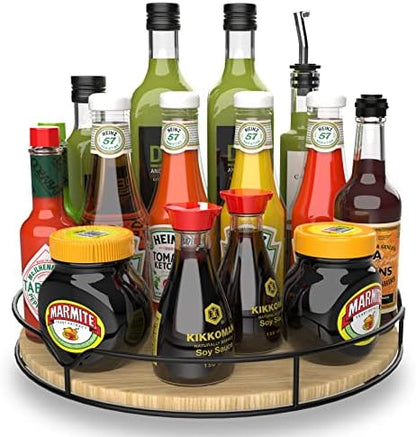  Lazy Susan Turntable Organizer For Cabinet Pantry Kitchen Countertop Refrigerator Cupboard, Pine Wood, 9", Carbonized Black