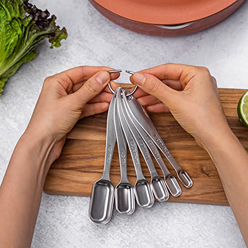  Heavy Duty Stainless Steel Measuring Spoons For Narrow Spice Jars With Slim Handles And Etched Markings & Removable Clasp, Perfect Measuing Spoons And Table Spoons