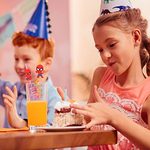 NITELUO 24Pcs Spiderman Birthday Party Supplies Reusable Drinking Straws,8 Designs Spider Party Favors With 2 Cleaning Brush