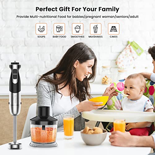  5-In-1 Immersion Blender 800W 12-Speed Stainless Steel Hand Blender With Milk Frother, Egg Whisk, BPA-Free 500ml Chopper And 700ml Beaker With Lid For Soup, Smoothie, Baby Food