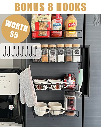  Lunememo Magnetic Spice Rack For Refrigerator, 4 Pack Magnetic Fridge Shelf With 8 Hooks, Strong Magnet & No Drilling, Black