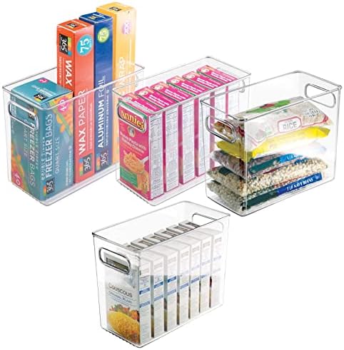  MDesign Plastic Stackable Kitchen Organizer - Storage Bin With Handles For Refrigerator, Freezer, Cabinet, And Pantry Shelves Organization - Food Container - Ligne Collection - 4 Pack - White