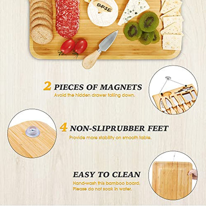  IPOW Cheese Board And Knife Set, Premium Bamboo Charcuterie Cheese Platter Cutting Board For Cheese Lovers Family Gatherings, Gifts For Mom, For Wedding Registry Housewarming Anniversary And Birthday