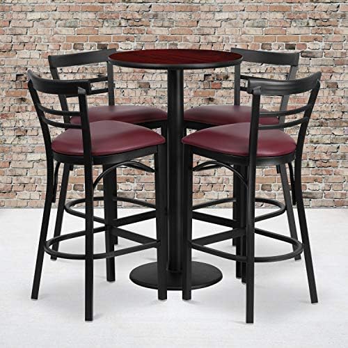  Jamie 24'' Round Walnut Laminate Table Set With Round Base And 4 Two-Slat Ladder Back Metal Barstools - Black Vinyl Seat