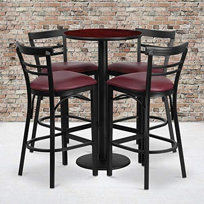  Jamie 24'' Round Walnut Laminate Table Set With Round Base And 4 Two-Slat Ladder Back Metal Barstools - Black Vinyl Seat