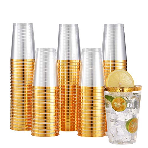  100 PACK Gold Plastic Cups,12 Oz Clear Plastic Cups Tumblers, Elegant Gold Rimmed Plastic Cups, Disposable Cups With Gold Rim Perfect For Wedding,Thanksgiving Day, Christmas, Halloween Party Cups