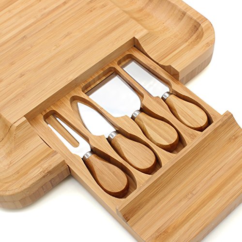  Bamboo Cheese Board Set Cheese Plate 13'' X 13'' With Integrated Slide-Out Drawer And 4 Specialist Cheese Knives Set