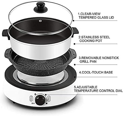 Multifunctional Split Electric Hot Pot, Non-Stick Skillet,Large Capacity 4L For 6~8 People,with Temperature Control Fry, Soup, Stew, Grilling, White, 13.39×8.66×14.17 Inches (HDJ-1350)