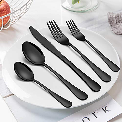  60-Piece Black Silverware Flatware Set For 12, Stainless Steel Eating Utensils Cutlery Includes Knives/Spoons/Forks, Tableware For Home Restaurant Party, Shiny Mirror Polished, Dishwasher Safe