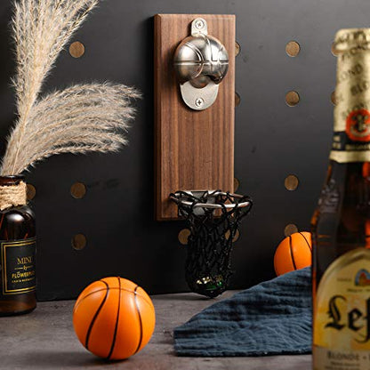  Magnetic Basketball Bottle Opener, Wooden Wall Mounted Opener With Cap Collector Catcher, Ideal Gift For Basketball And Beer Lovers, Use As Kitchen-Yard-Bar Decoration