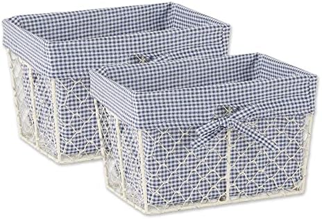  Farmhouse Chicken Wire Storage Baskets With Liner, Medium, Antique French Blue Gingham Check, 11x7.88x7", 2 Piece