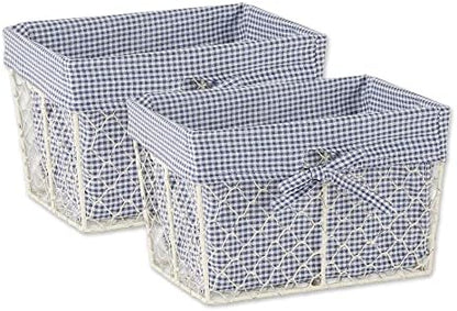  Farmhouse Chicken Wire Storage Baskets With Liner, Medium, Antique French Blue Gingham Check, 11x7.88x7", 2 Piece
