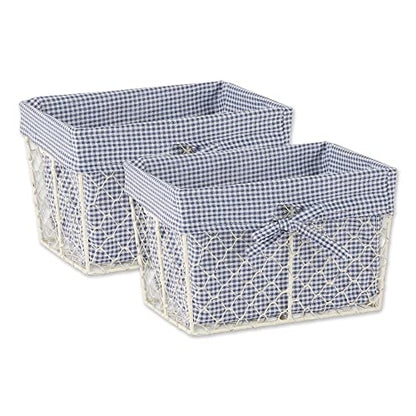  Farmhouse Chicken Wire Storage Baskets With Liner, Medium, Antique French Blue Gingham Check, 11x7.88x7", 2 Piece