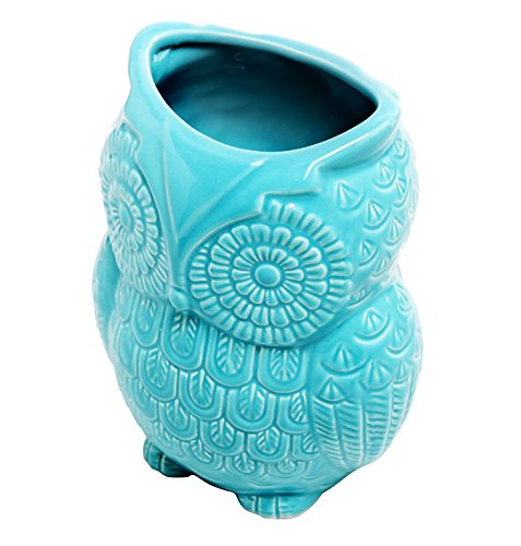  Aqua Blue Owl Shaped Ceramic Kitchen Crock Utensil Holder, 8 Inch Multipurpose Storage Jar Vase Canister, Art Brush Holder