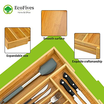  Bamboo Silverware Organizer, Expandable Kitchen Drawer Organizer For Cutlery, Wooden Utensil Holder, Multi-Function Drawer Storage, 5-7 Compartments