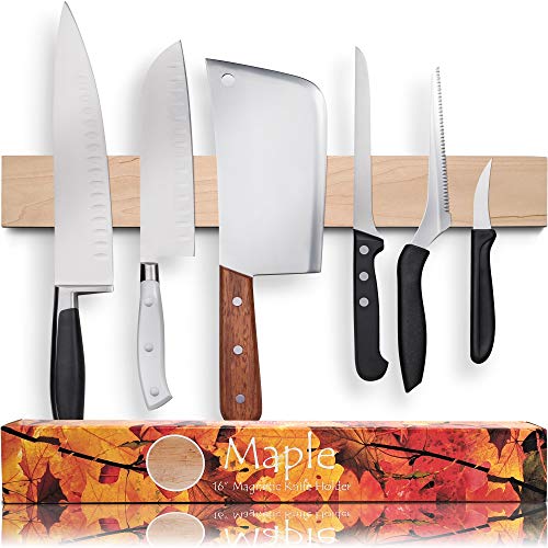  Premium 16 Inch Maple Wood Magnetic Knife Holder – Professional Wooden Magnetic Knife Strip - Space-Saving Knife Rack/Knife Bar With Powerful Magnetic Pull Force (Upgraded Version)
