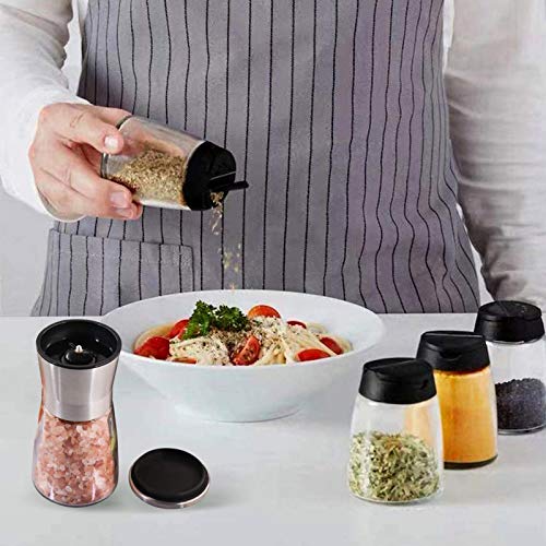  4+1PCS Glass Spice Jars With Shaker Pour Lid, Seasoning Shakers Glass Bottles Spice Shakers Salt & Pepper Shaker Container Set With Gift Grinder Fits In Home,Kitchen,Barbecue (4)