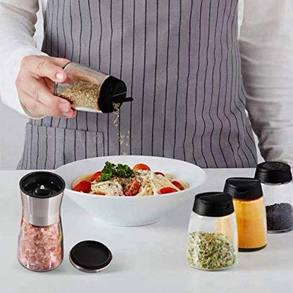  4+1PCS Glass Spice Jars With Shaker Pour Lid, Seasoning Shakers Glass Bottles Spice Shakers Salt & Pepper Shaker Container Set With Gift Grinder Fits In Home,Kitchen,Barbecue (4)