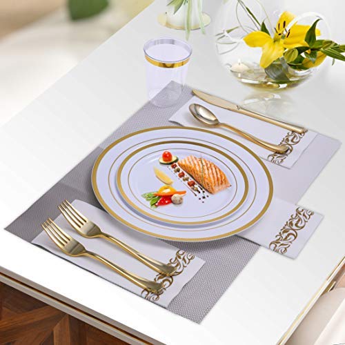  700 Piece Gold Dinnerware Set-200 Plastic Plates- 300 Gold Plastic Silverware-100 Gold Plastic Cups-100 Disposable Hand Towel- Disposable Gold Dinnerware Set For Halloween, Christmas, Thanksgiving