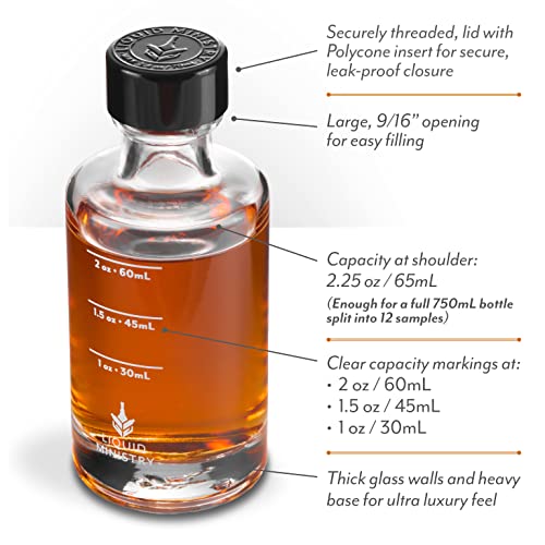  (12-pack) 2.4oz / 70mL Glass Small Sample Bottles Clear Color With Capacity Markings, Lids, And Brush | 2 Oz+ Leak Proof & Perfect For Whiskey, Oils, Travel, Juice, & More