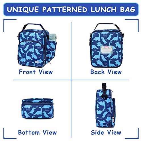  Lunch Boxes Bag For Kids, Insulated Lunchbox Reusable Containers For Boys With Detachable Shoulder Strap For School Blue Dinosaur