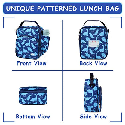  Lunch Boxes Bag For Kids, Insulated Lunchbox Reusable Containers For Boys With Detachable Shoulder Strap For School Blue Dinosaur