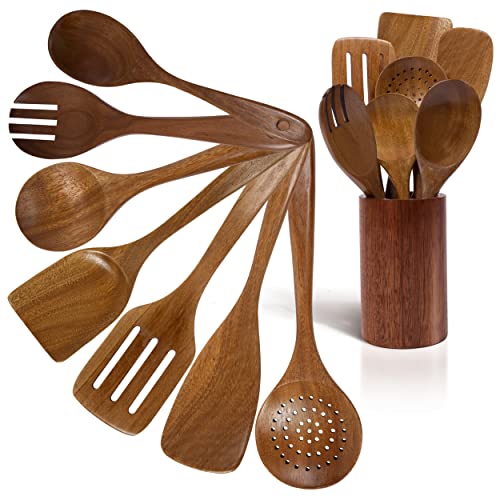  Wooden Spoons For Cooking-Kitchen Utensils Set With Holder-Nice-nook 8PCS Wooden Utensils For Cooking Made With Acacia Wood-Cooking Utensils Set Non-stick With Comfortable Soft Grip-Great House Gifts.