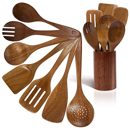  Wooden Spoons For Cooking-Kitchen Utensils Set With Holder-Nice-nook 8PCS Wooden Utensils For Cooking Made With Acacia Wood-Cooking Utensils Set Non-stick With Comfortable Soft Grip-Great House Gifts.