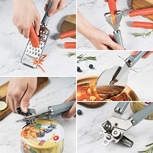  Tainless Steel Kitchen Gadget Set,5PCS Kitchen Accessories With Pizza Cutter, Can Opener, Y Peeler, Grater And Gadgets Holder
