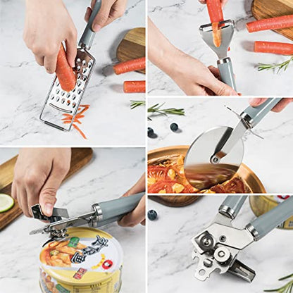  Tainless Steel Kitchen Gadget Set,5PCS Kitchen Accessories With Pizza Cutter, Can Opener, Y Peeler, Grater And Gadgets Holder