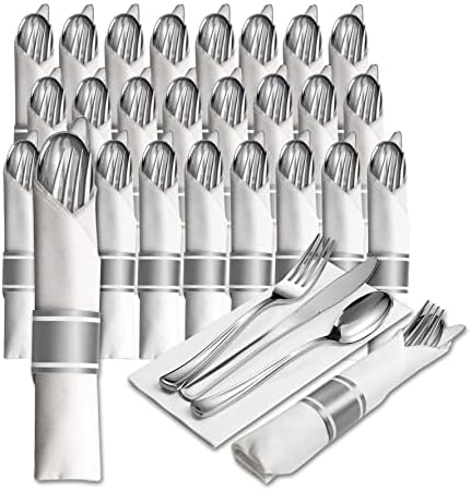  50 Pre Rolled Gold Plastic Silverware - 200pc Set, Service For 50 - Wrapped Disposable Silverware Set With Forks, Knives, Spoons, White Napkins - Fancy Decorative Flatware For Dinner, Party, Wedding