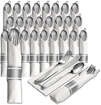 50 Pre Rolled Gold Plastic Silverware - 200pc Set, Service For 50 - Wrapped Disposable Silverware Set With Forks, Knives, Spoons, White Napkins - Fancy Decorative Flatware For Dinner, Party, Wedding