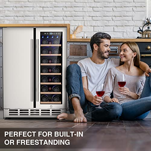  Wine And Beverage Refrigerator, 24 Inch Dual Zone Wine Fridge With Safety Locks, Under Counter Wine Cooler Beer Fridge Built-In Or Freestanding, Holds 20 Bottles And 57 Cans (Glass Door & Foam Door)