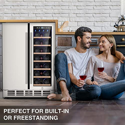  Wine And Beverage Refrigerator, 24 Inch Dual Zone Wine Fridge With Safety Locks, Under Counter Wine Cooler Beer Fridge Built-In Or Freestanding, Holds 20 Bottles And 57 Cans (Glass Door & Foam Door)