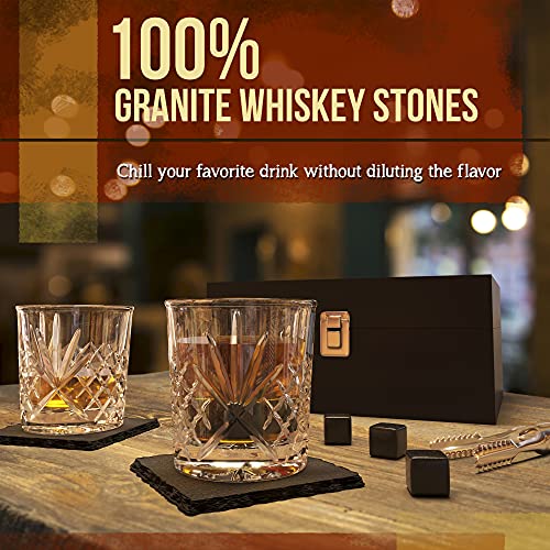  Whiskey Stones Gift Set For Men, Guys, Husband, Fathers Set Of 2 10oz Whiskey Rocks Glasses, 8 Granite Chilling Rocks, 2 Slate Coasters, Stylish Durable Black Wooden Gift Box (Sword Glass)