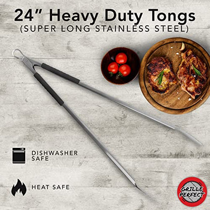  Tongs Super Long 24-inch Heavy Duty For BBQ And Grilling | Extra Long Stainless Steel Grilling Tongs For Outdoor Grill And Kitchen Cooking | Long Metal Tongs With Safety Hand Grips