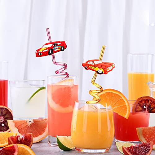  24 Race Car Party Favors Reusable Drinking Straws For Kids Boys Racecar Wheels Birthday Decorations Two Fast Party Supplies With 2 PCS Cleaning Brushes