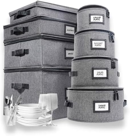  China Storage Containers | 8 Pc. ULTRA THICK HARDSHELL ALL SURFACES & COVER | China Storage Box With Handles | Stackable Storage For Plates, Platters, Mugs, Wine Glass & Flatwares