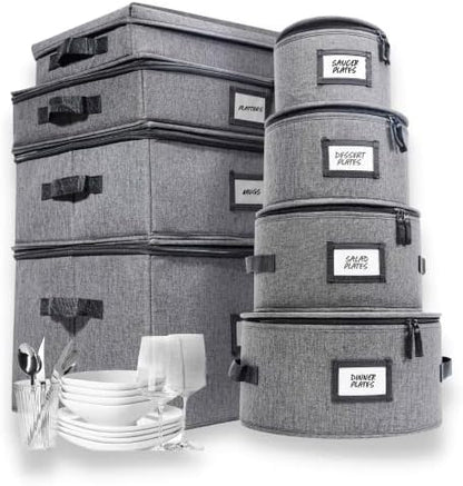  China Storage Containers | 8 Pc. ULTRA THICK HARDSHELL ALL SURFACES & COVER | China Storage Box With Handles | Stackable Storage For Plates, Platters, Mugs, Wine Glass & Flatwares