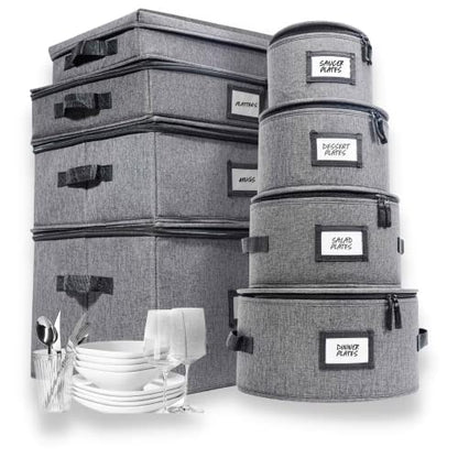  China Storage Containers | 8 Pc. ULTRA THICK HARDSHELL ALL SURFACES & COVER | China Storage Box With Handles | Stackable Storage For Plates, Platters, Mugs, Wine Glass & Flatwares