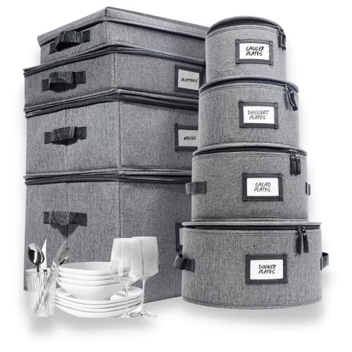  China Storage Containers | 8 Pc. ULTRA THICK HARDSHELL ALL SURFACES & COVER | China Storage Box With Handles | Stackable Storage For Plates, Platters, Mugs, Wine Glass & Flatwares