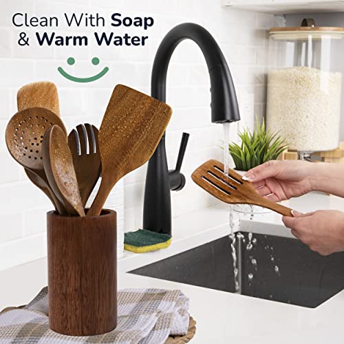 Wooden Spoons For Cooking-Kitchen Utensils Set With Holder-Nice-nook 8PCS Wooden Utensils For Cooking Made With Acacia Wood-Cooking Utensils Set Non-stick With Comfortable Soft Grip-Great House Gifts.