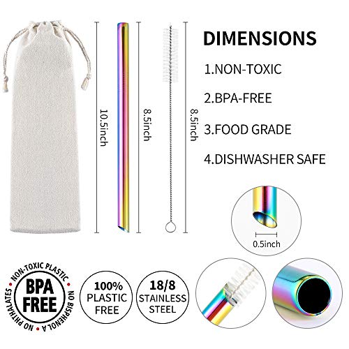  3 Pcs Reusable Boba Straws & Smoothie Straws, 0.5" Wide Stainless Steel Straws, Angled Tips Metal Straws For Bubble Tea, Milkshakes, Smoothies With Cleanning Brush & Case (Rainbow)