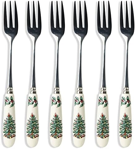 Spode Christmas Tree Collection 3-Piece Cutlery Set, Stainless Steel, Porcelain Handle, Hostess Flatware Serving Set, Holiday Silverware, Meat Fork, Serving Spoon, And Slotted Spoon