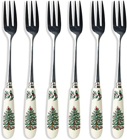 Spode Christmas Tree Collection 3-Piece Cutlery Set, Stainless Steel, Porcelain Handle, Hostess Flatware Serving Set, Holiday Silverware, Meat Fork, Serving Spoon, And Slotted Spoon