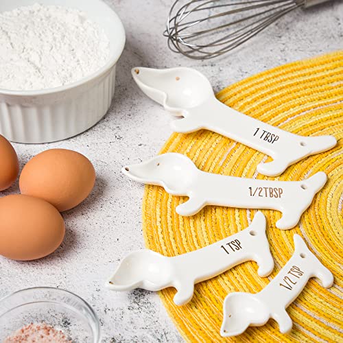  White Ceramic Dog Themed Kitchen Utensils: Measuring Cups And Spoons, Spoon Rest For Countertop - Cute Kitchen Accessories (Dog Measuring Spoons)