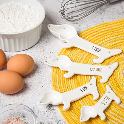  White Ceramic Dog Themed Kitchen Utensils: Measuring Cups And Spoons, Spoon Rest For Countertop - Cute Kitchen Accessories (Dog Measuring Spoons)