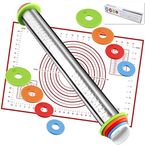  Rolling Pin Nonstick And Silicone Baking Pastry Mat Combo Kit, Adjustable Rolling Pin With Thickness Rings, Rolling Pin For Baking Fondant, Pizza, Pie, Pastry, Pasta, Dough, Cookies (red)
