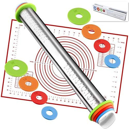 Rolling Pin Nonstick And Silicone Baking Pastry Mat Combo Kit, Adjustable Rolling Pin With Thickness Rings, Rolling Pin For Baking Fondant, Pizza, Pie, Pastry, Pasta, Dough, Cookies (red)
